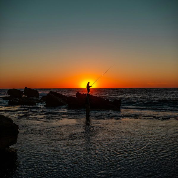 Silhouette of a person fishing at sunset